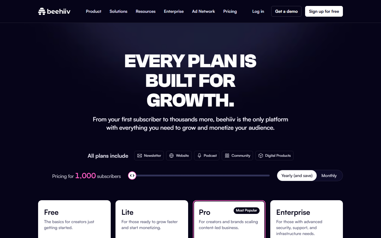 Beehiiv pricing page