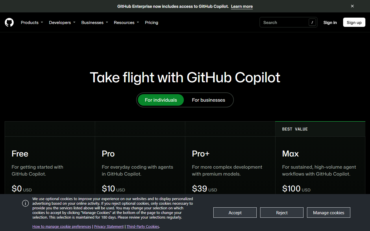 GitHub Copilot pricing page