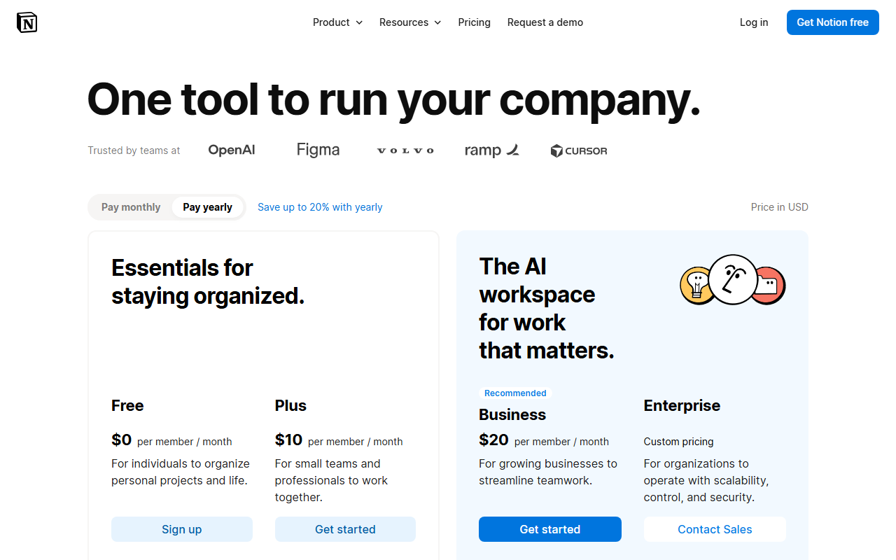 Notion pricing page