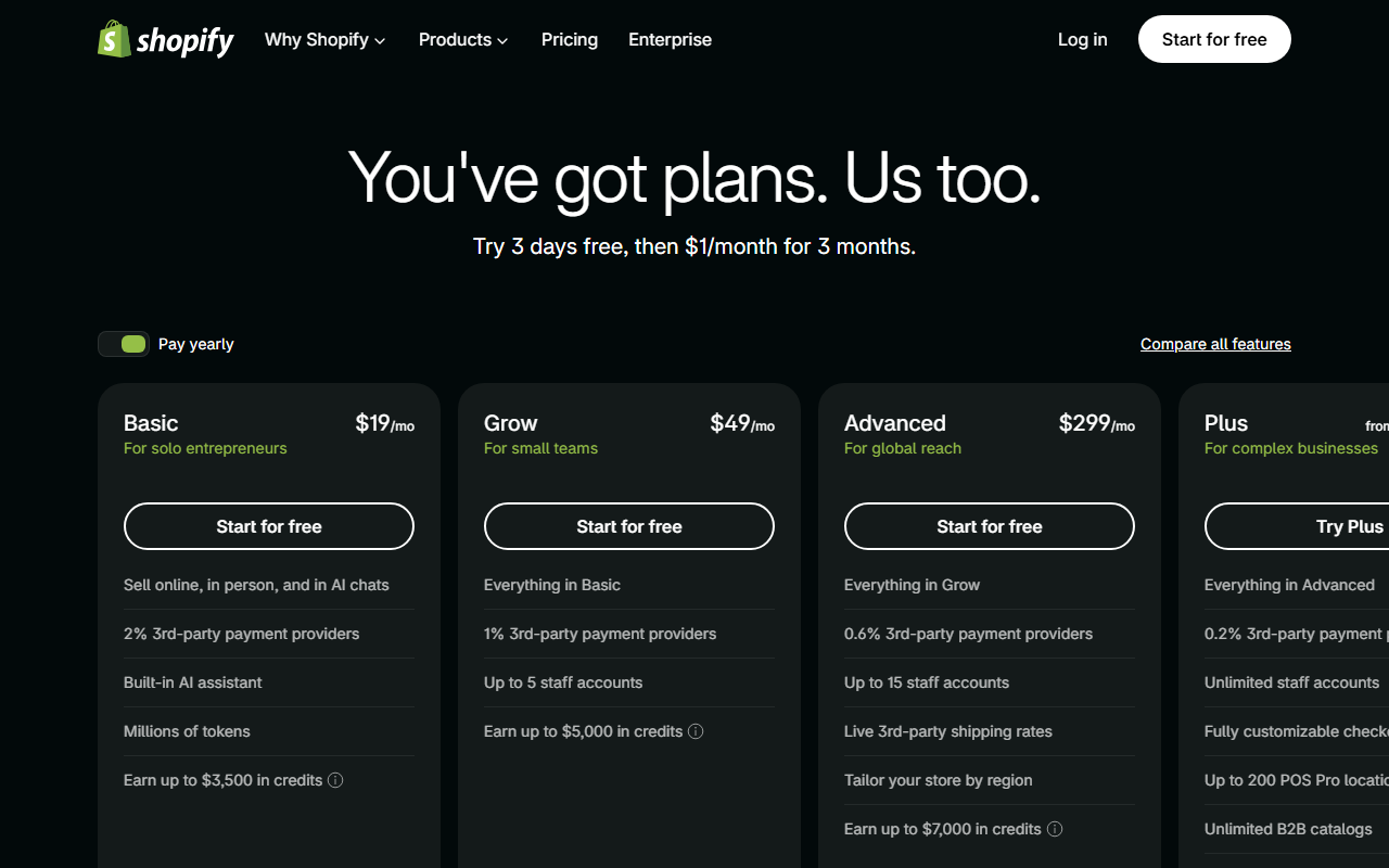 Shopify pricing page