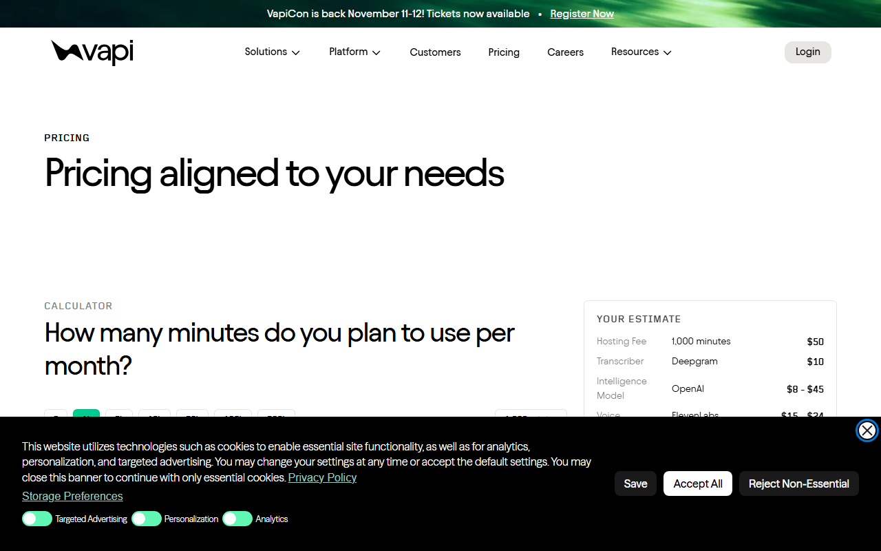 Vapi pricing page