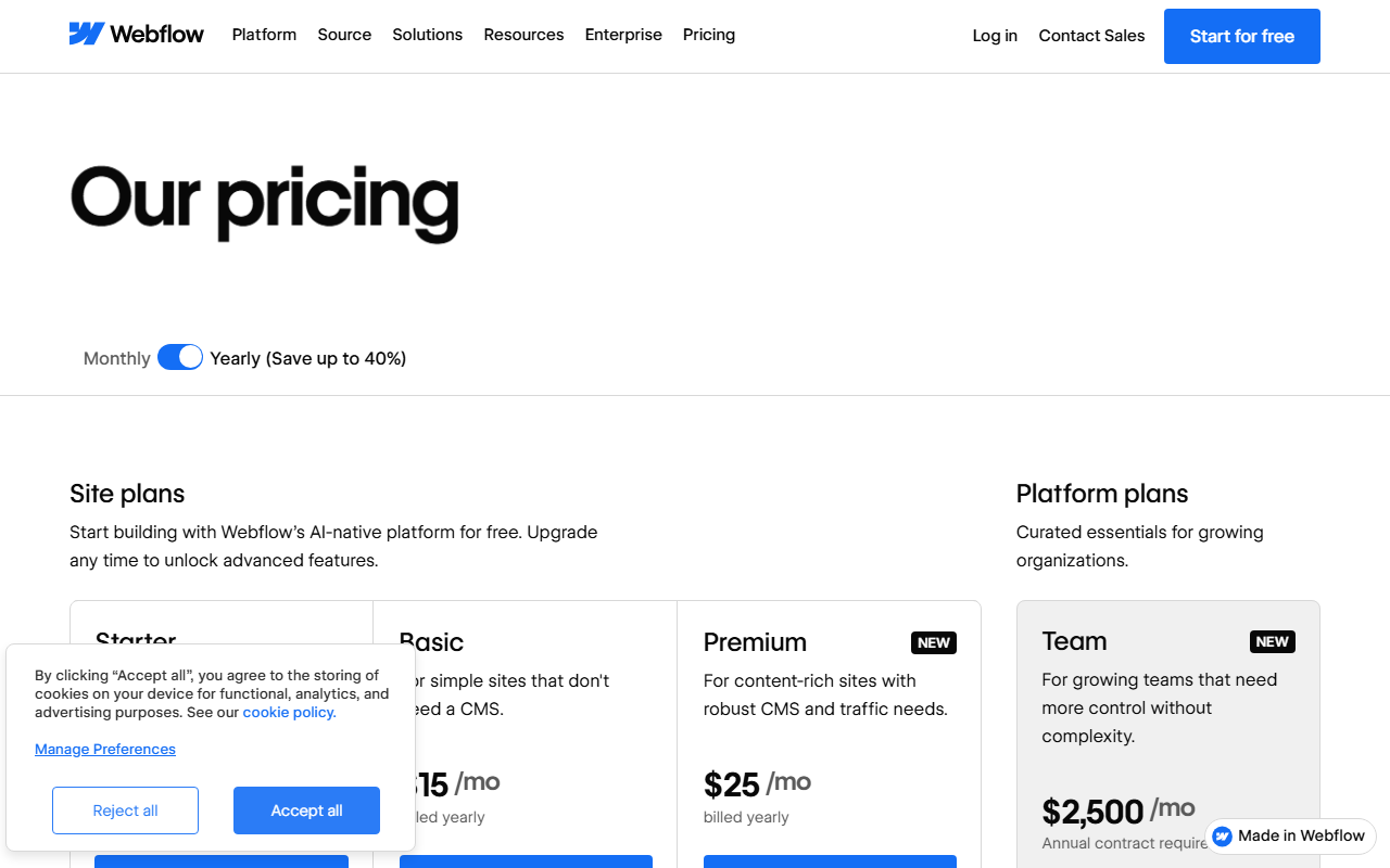 Webflow pricing page