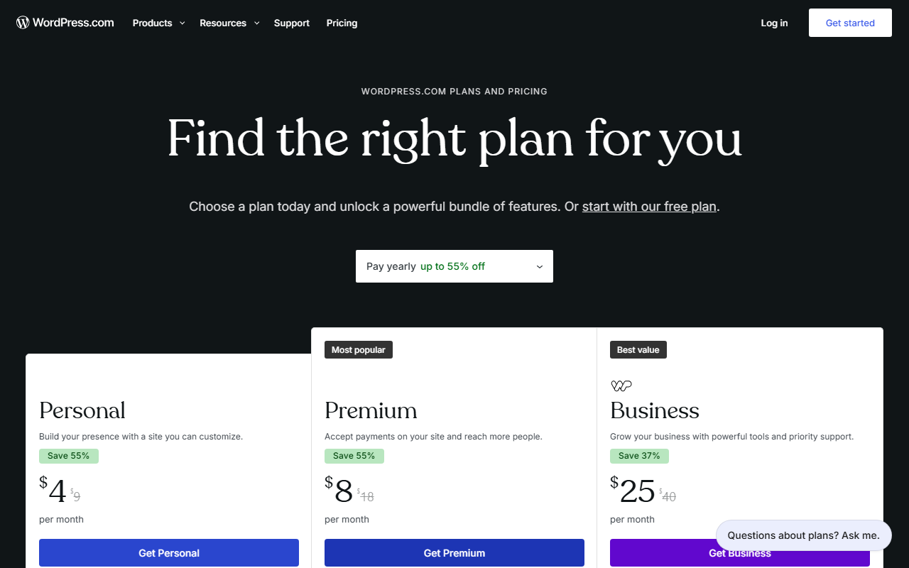 WordPress pricing page